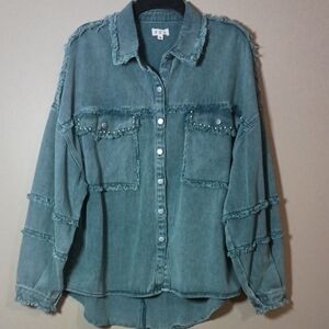 POL Denim Button-Up Hi-Lo Shirt With Frayed Edges